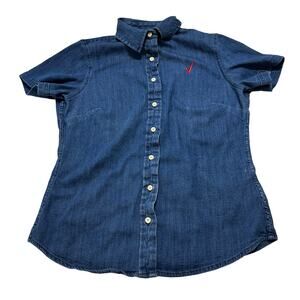 Doc Amelia Button Up Shirt Womens Size Medium M Blue Short Sleeve Cotton Blend